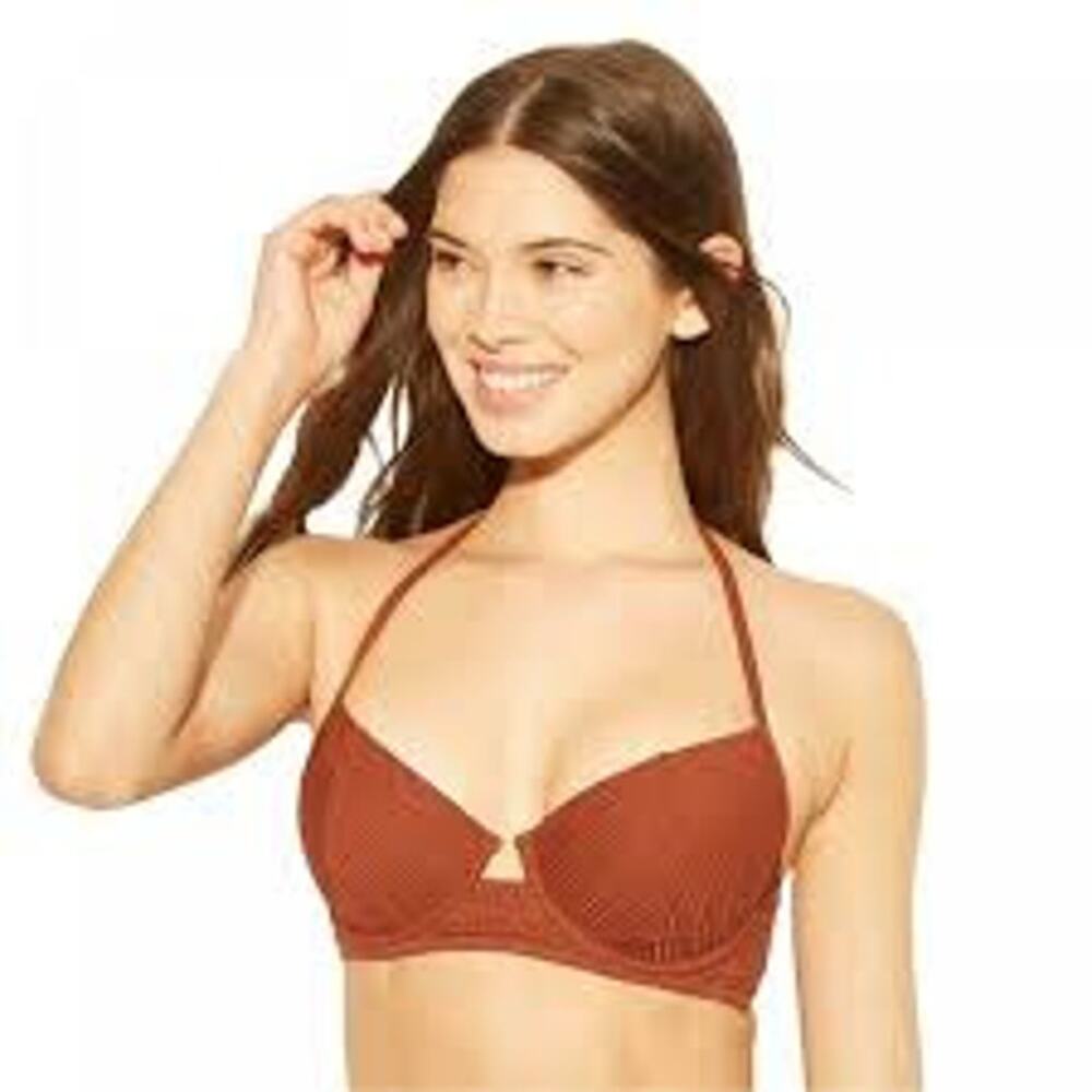 Shade & Shore Copper Bikini Top Swimsuit Fixed Cup Halter Tie‎ Satin Top  32B